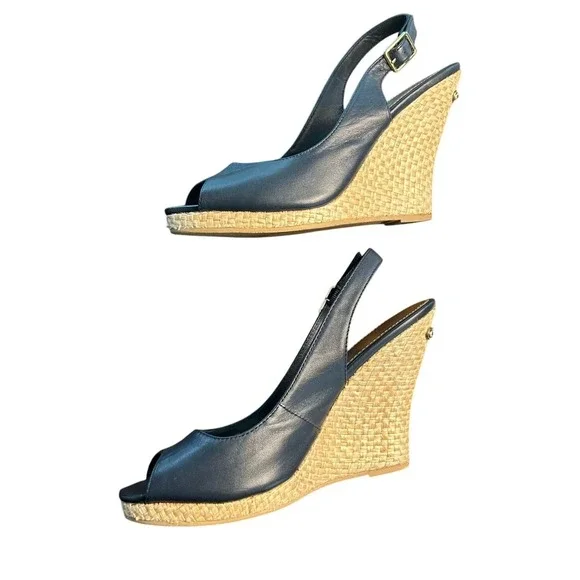 Lilly Pulitzer Kristin Wedge True Navy Blue Leather Sandals Casual Women's Sz 8M - Picture 5 of 11